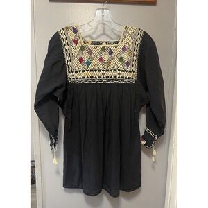 Handmade Mexican Embroidered Blouse Black Women's Large